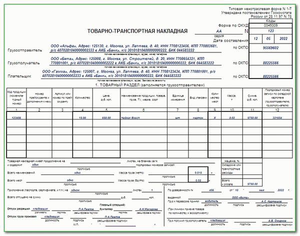 Образец ТТН 2022 года