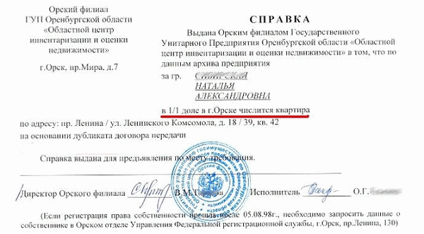 Содержание справки БТИ